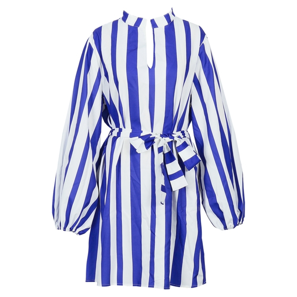 Blue and White Wrap Dress with Bishop Sleeves - Picture 2 of 6
